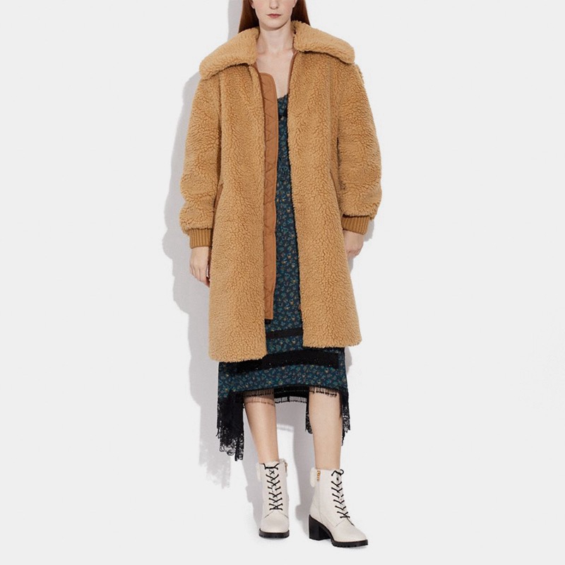Womens brown teddy long patchwork coat