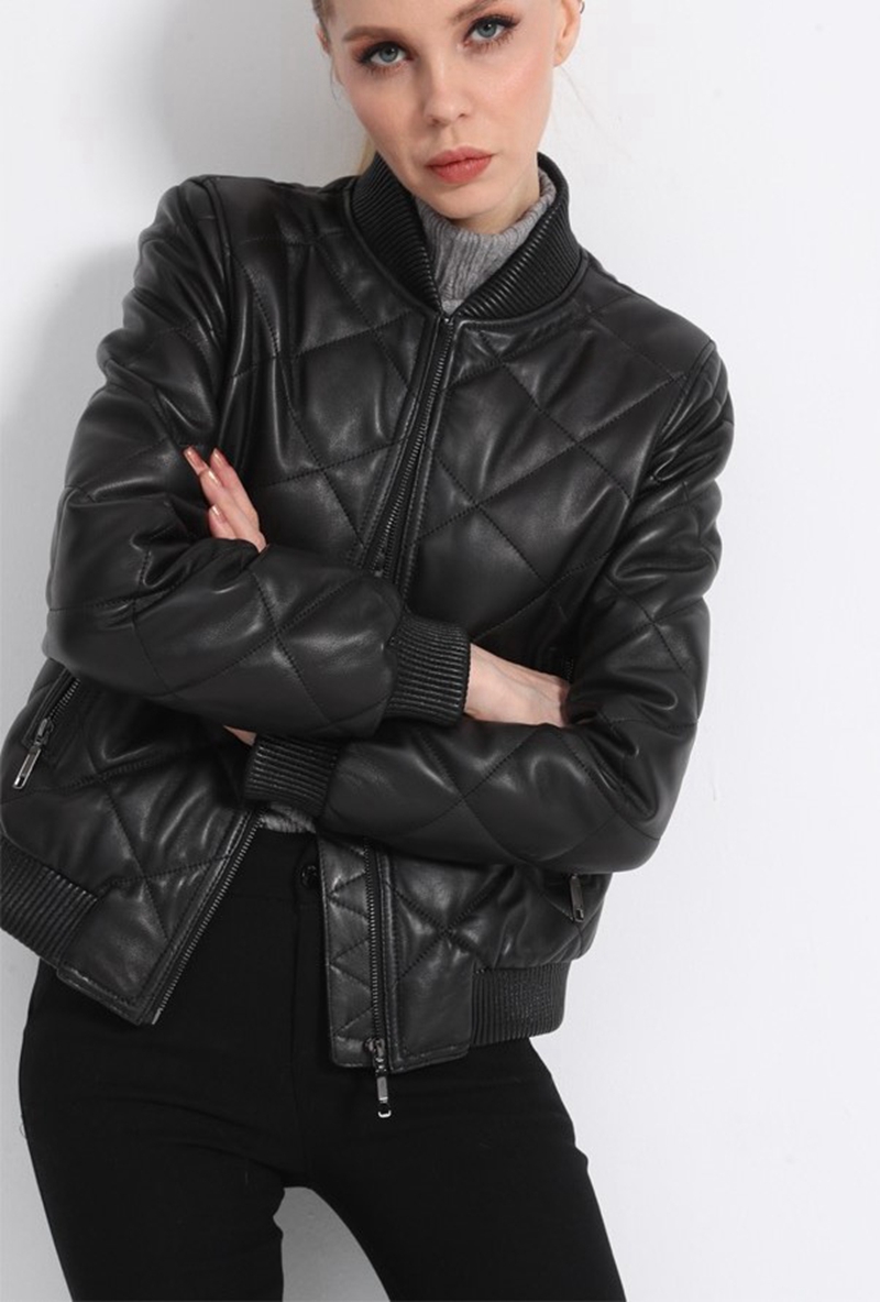 Womens jacket with cotton checked Faux Leather