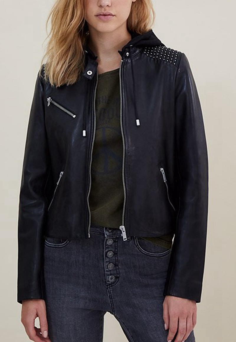 Womens slim riveted Faux leather jacket with hat