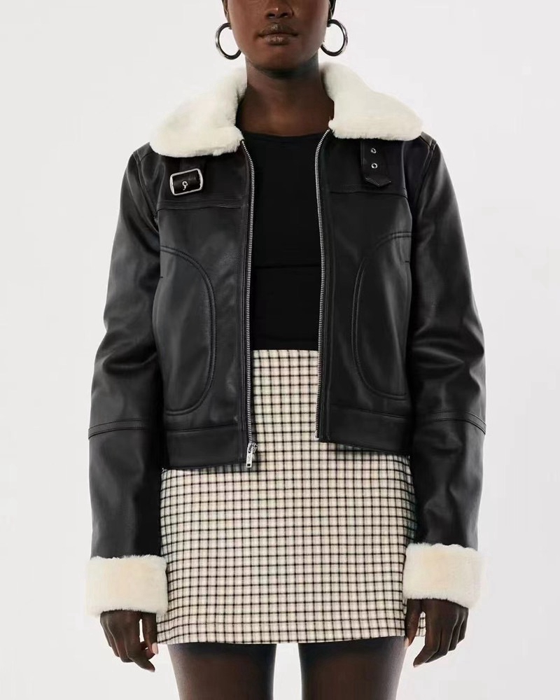 Womens fur collar Faux Leather jacket